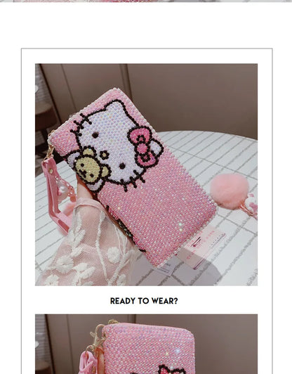 New Sanrio Cute Full Diamond Hello Kitty Wallet Sticker Full Diamond Lady Girl Heart Long Zipper Wallet Mobile Bag