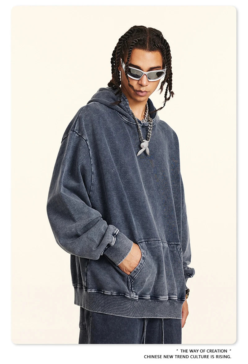 ZODF Retro Men Heavyweight Washed Cotton Hoodies Unisex Loose Thick 420gsm Hooded Sweatshirts Pullovers Coats HY0466