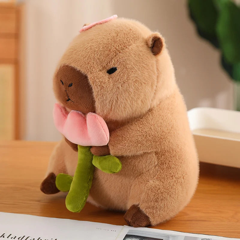 Cute Stuffed Capybara Plush Toy Holding Boba Tea – Kawaii Plushies Cosplay Gift for Girls - 30cm Flower / 28-30cm