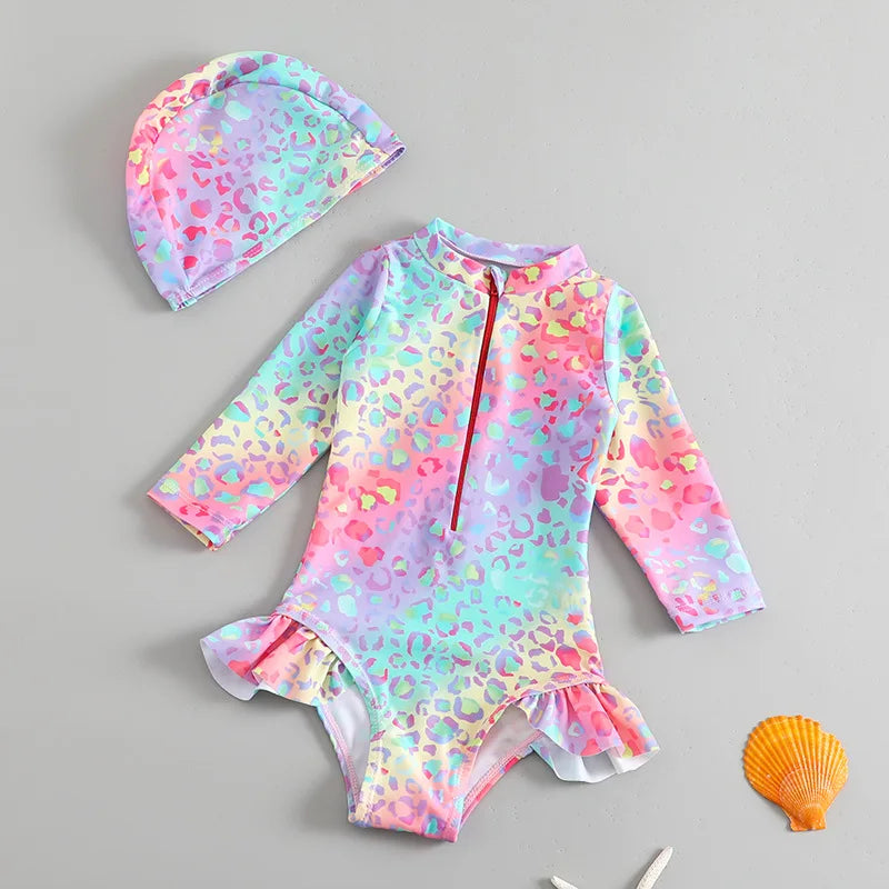 Toddler Girls Swimsuit with Sun Hat Set 1 to 2 3 4 5 6 Years Leopard Ruffle Sleeve Zip Up One-pieced Swimwear Beachwear for Baby