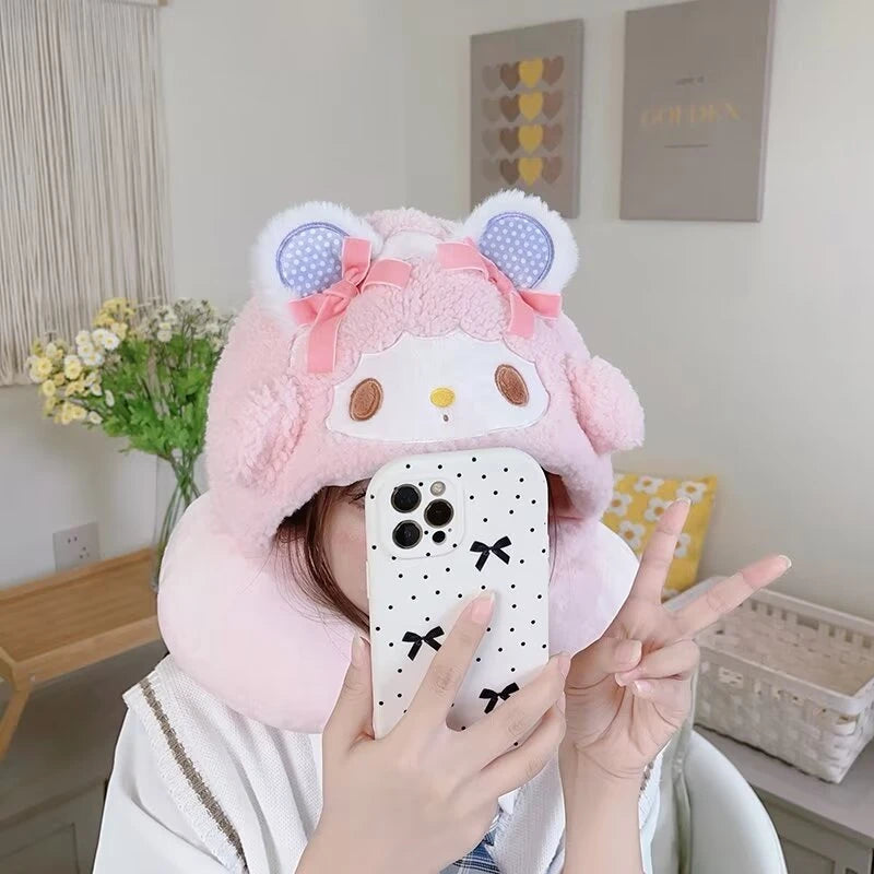 Lovely My Melody U-shaped Hooded Pillow Kawaii Japanese Style Blackout Travel Pillow Office Cartoon Nap Pillow Pink Girl