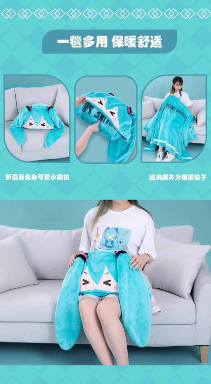 Kawaii Hatsune Itabag Multifunctional Hooded Air Conditioning Blanket Flannel Cloak Soft And Warm Nap Shawl Miku Surprise Gift