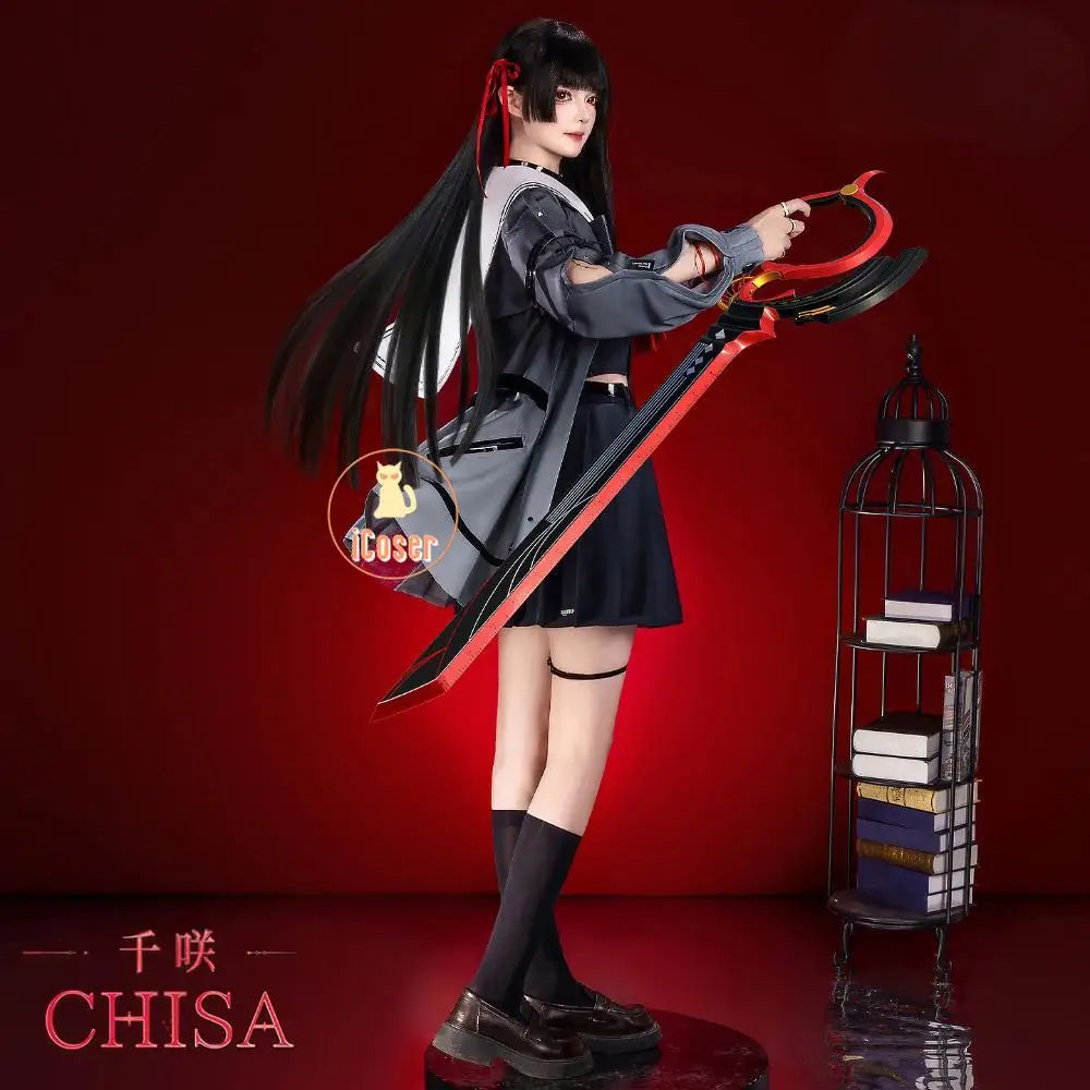 Wuthering Waves Chisa Cosplay Costume Wig Jacket Uniform Headwear Rings Sticker Halloween Party for Women Girls Carnival Props