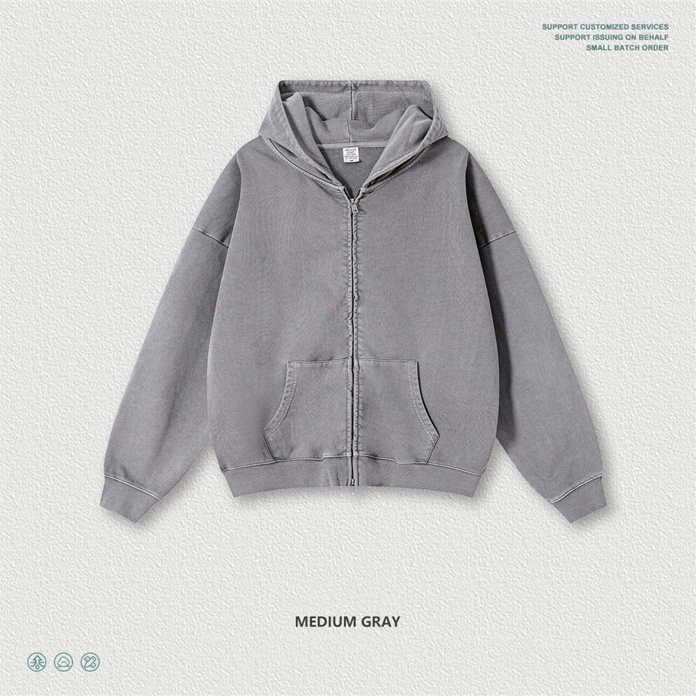 ZODF Heavy Wieght 480gsm Washed Cotton Boxy Zipper Hoodies For Man Unisex Retro Patchwork Off Shoulder Hooded Coats HY1152