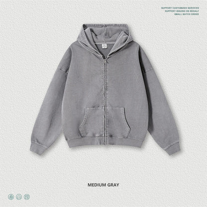 ZODF Heavy Wieght 480gsm Washed Cotton Boxy Zipper Hoodies For Man Unisex Retro Patchwork Off Shoulder Hooded Coats HY1152