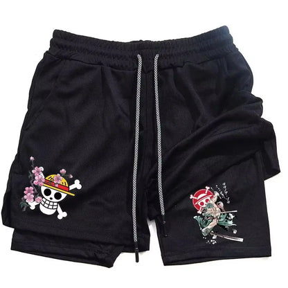 One Piece Luffy Anime Men Gym Shorts Summer Cartoon Print Quick Dry Streetwear Fashion Double-layer Sports Pants Men's Clothing