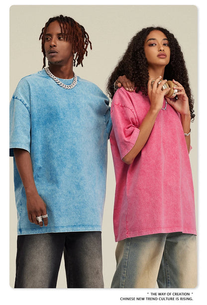 ZODF New Summer Men Washed Batik Cotton T Shirts Unisex American Retro High Street 270gsm Short Sleeve Tees Streetwear HY0489