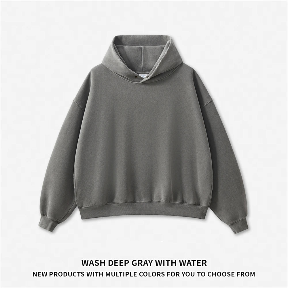 ZODF Vintage 350gsm Man Washed Boxy Fleece Hoodie Unisex Loose Ripped Warm Button Winter Hooded Pullovers Brand Clothing HY0053