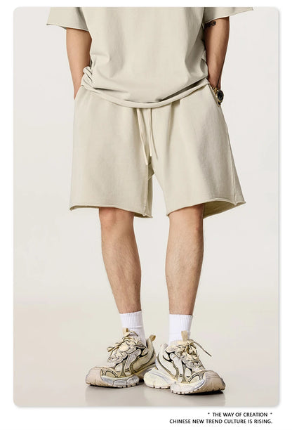 ZODF Retro Summer Washed 370gsm Cotton Shorts For Men Unisex High Street Loose Edge Distressed Solid Shorts Brand Clothes HY1023