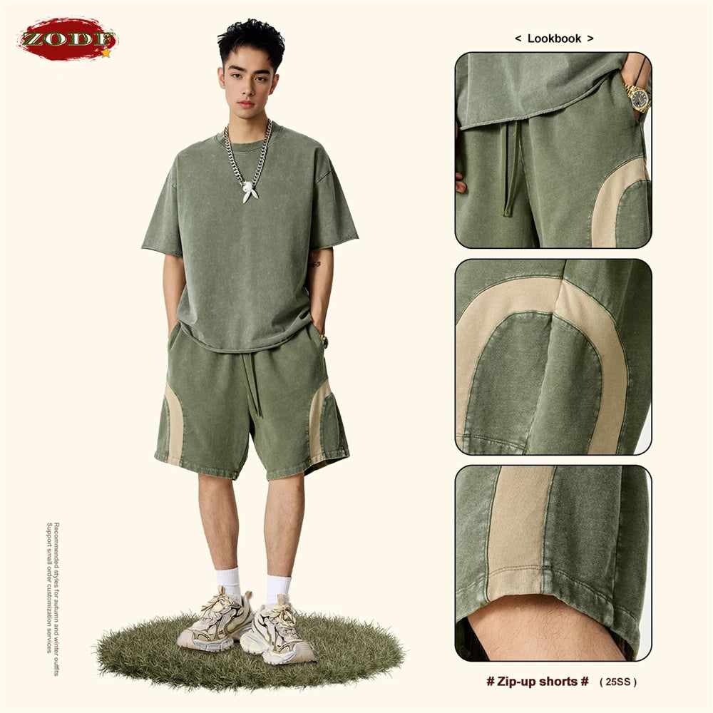 ZODF 2025 Summer Patchwork Washed Cotton Shorts For Men Unisex Retro Y2K High Street Distressed 330gsm Shorts Streetwears HY1057