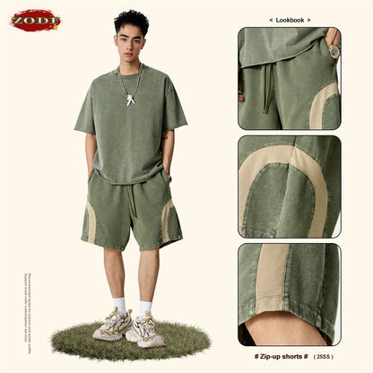 ZODF 2025 Summer Patchwork Washed Cotton Shorts For Men Unisex Retro Y2K High Street Distressed 330gsm Shorts Streetwears HY1057