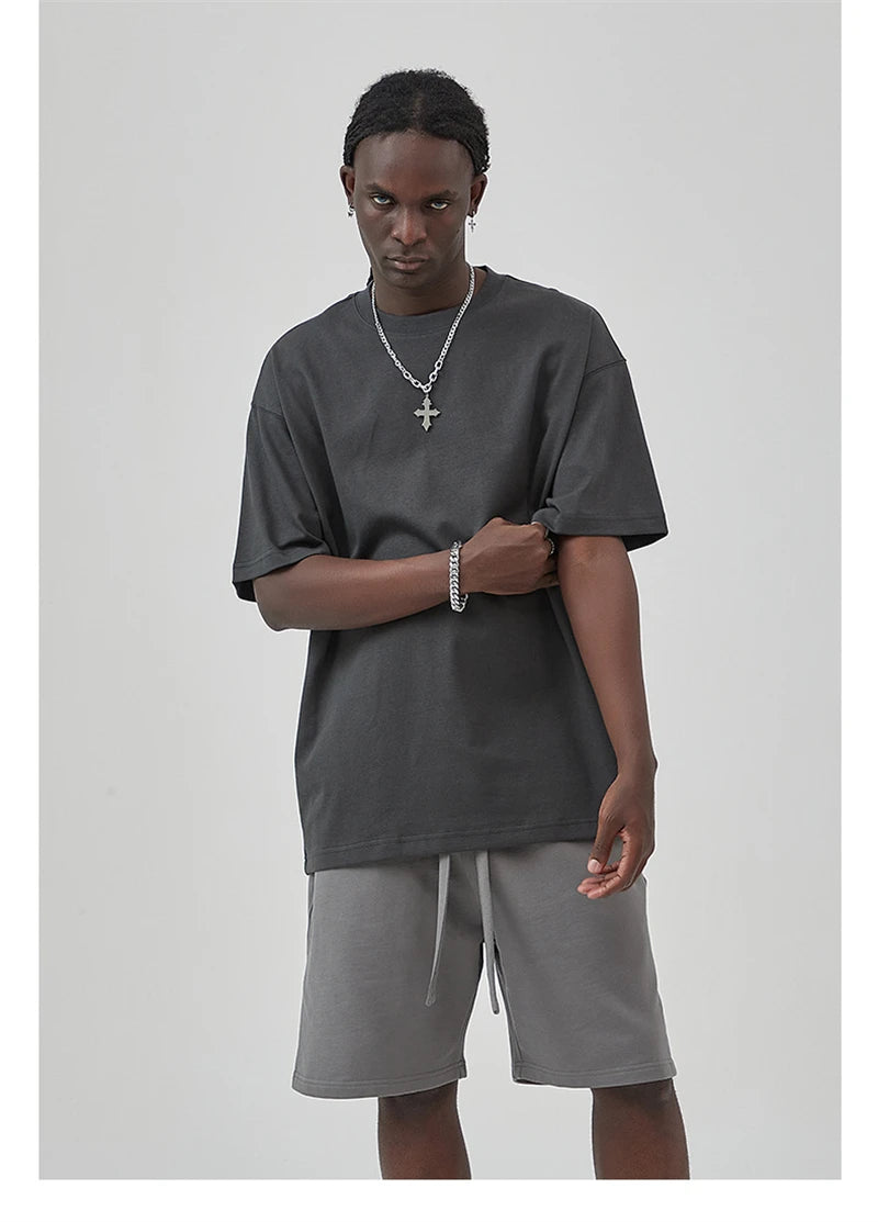 ZODF New Summer Men 100% Cotton Solid T Shirts Unisex High Street Heavy Weight 305gsm Oversized FG Noshrink T-Shirt Tops HY0165