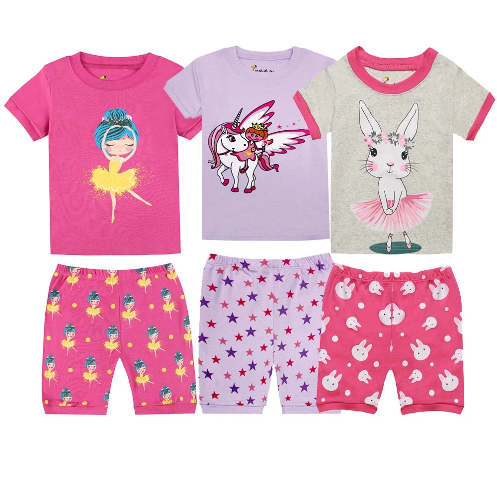 2pcs Toddler Girls Cotton Pajamas Outfit 2024 Cartoon Rabbit Unicorn Graphic O-Neck T-Shirt Top & Shorts Sleepwear Clothes Sets
