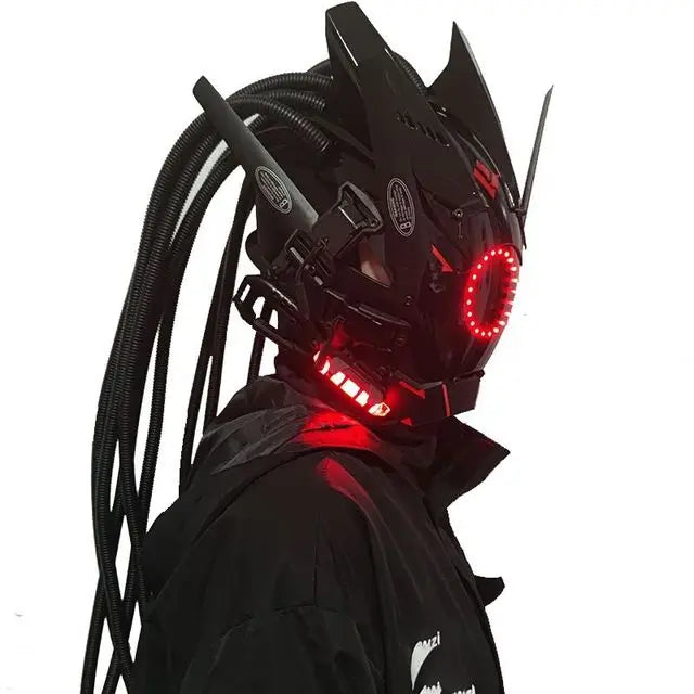 Cyberpunk Helmet Cosplay Mask with LED Light Dreadlocks Braided Wings Shinobi Samurai Style – Birthday & Christmas Gift