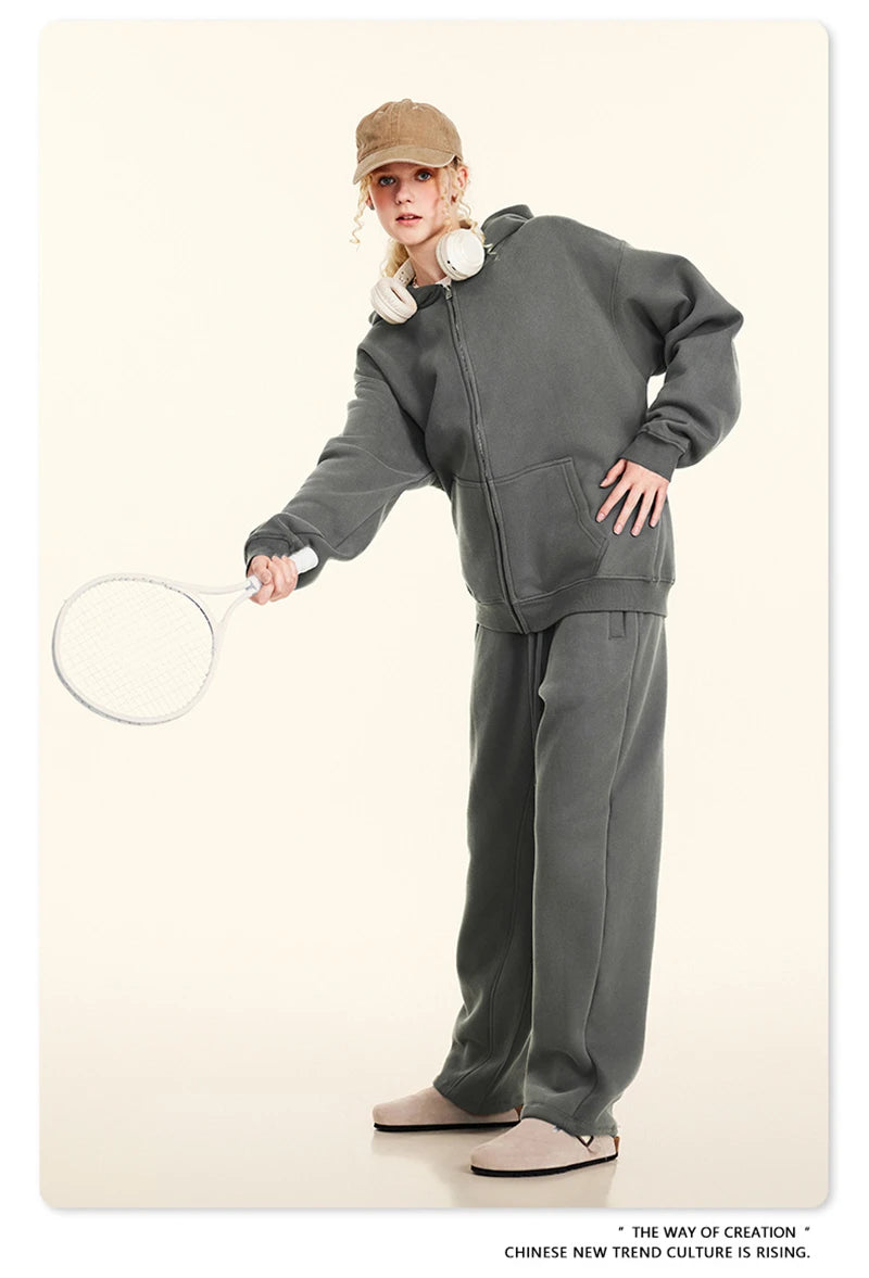 ZODF Fashion Winter Men Warm Zipper Fleece Hoodies Unisex Loose Basic 345gsm Knitted Hooded Hoodie Coats HY0904