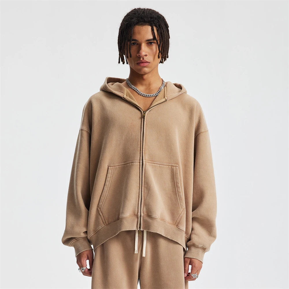 ZODF New 2025 Winter Man's Fleece Zipper Hoodies Unisex Retro 370gsm Loose Boxy Batik Washed Hooded Coats Sweatshirts HY1164