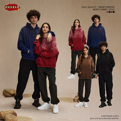 ZODF Retro Men's Heavyweight Gradient Washed Hoodies Unisex Loose Distressed Holes 450gsm Knitted Hooded Pullovers HY0891