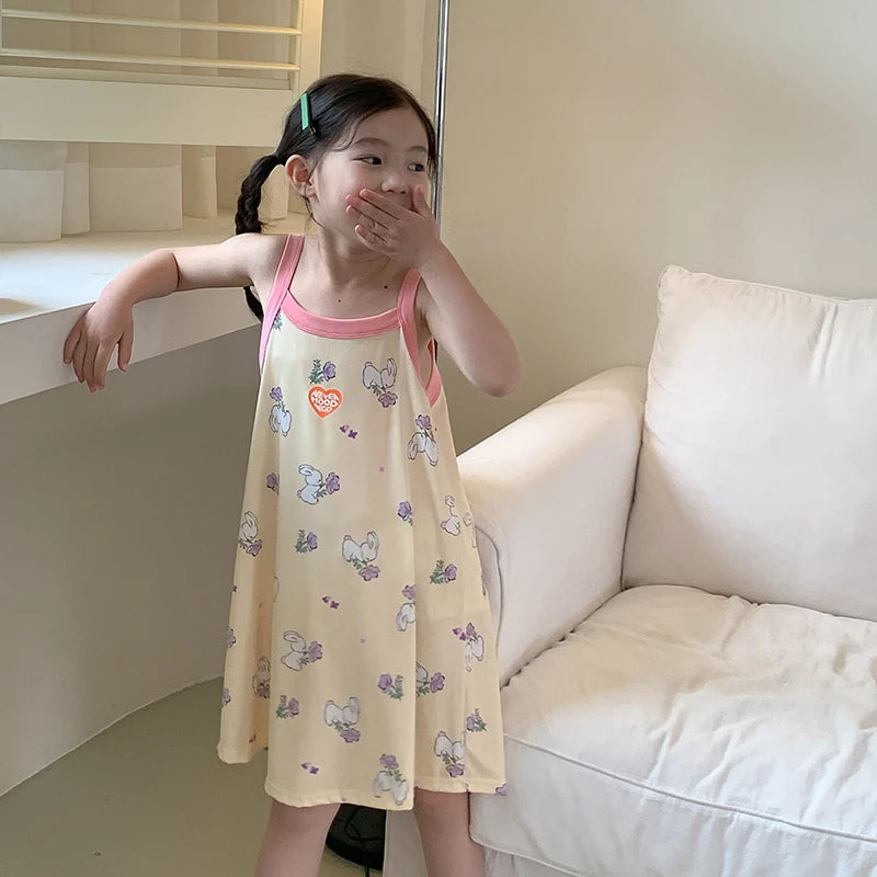 Girl Night Dress Children's Pajamas Sleepwear Teen Girls Nightgown 2 to 12 13 14 Years Blue Floral Summer Sleeveless Cartoon Pjs