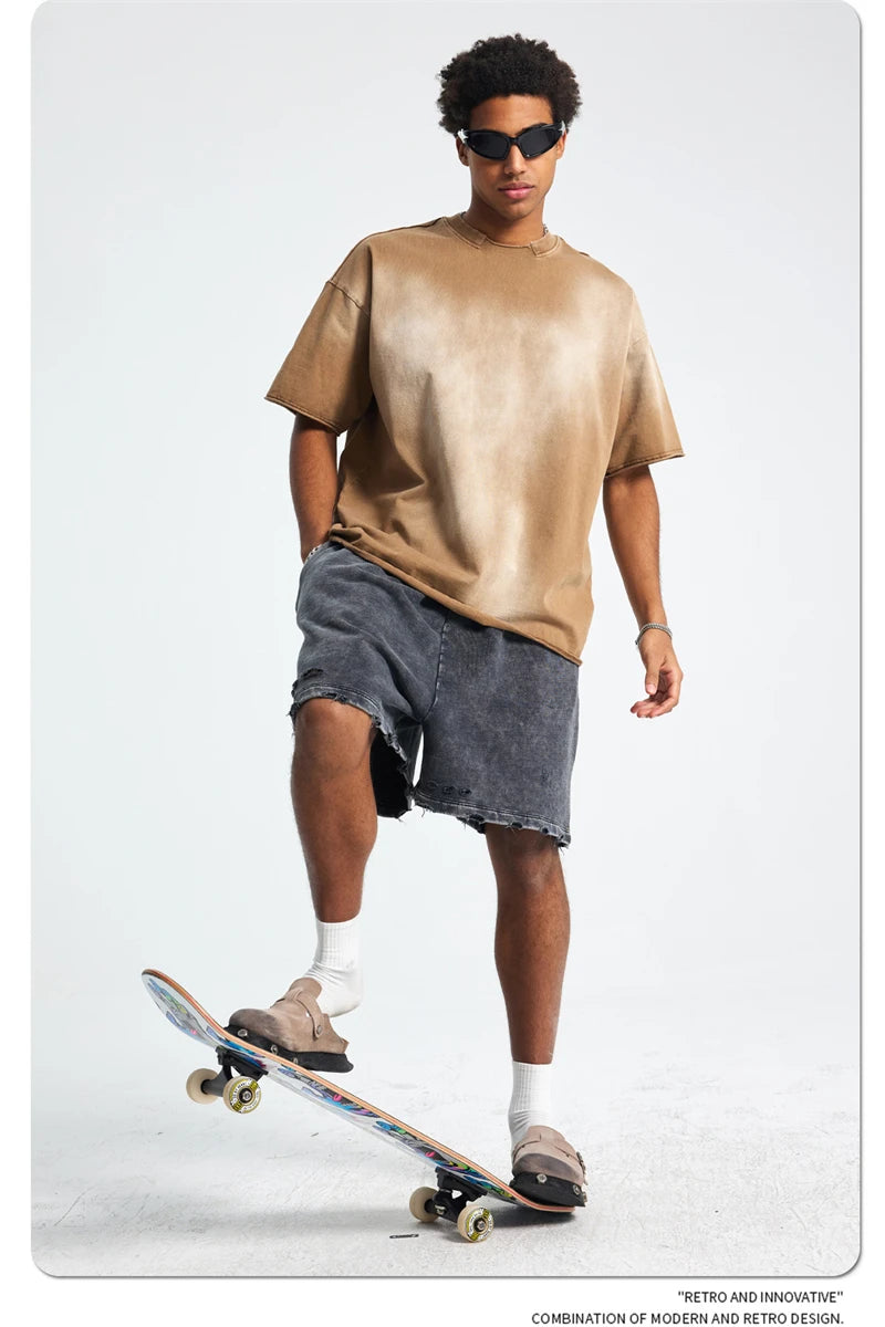 ZODF Retro Summer Men Washed 100% Cotton T-Shirts Unisex High Street Oversized Distressed Broken Neck T Shirt Brand Tees HY1050