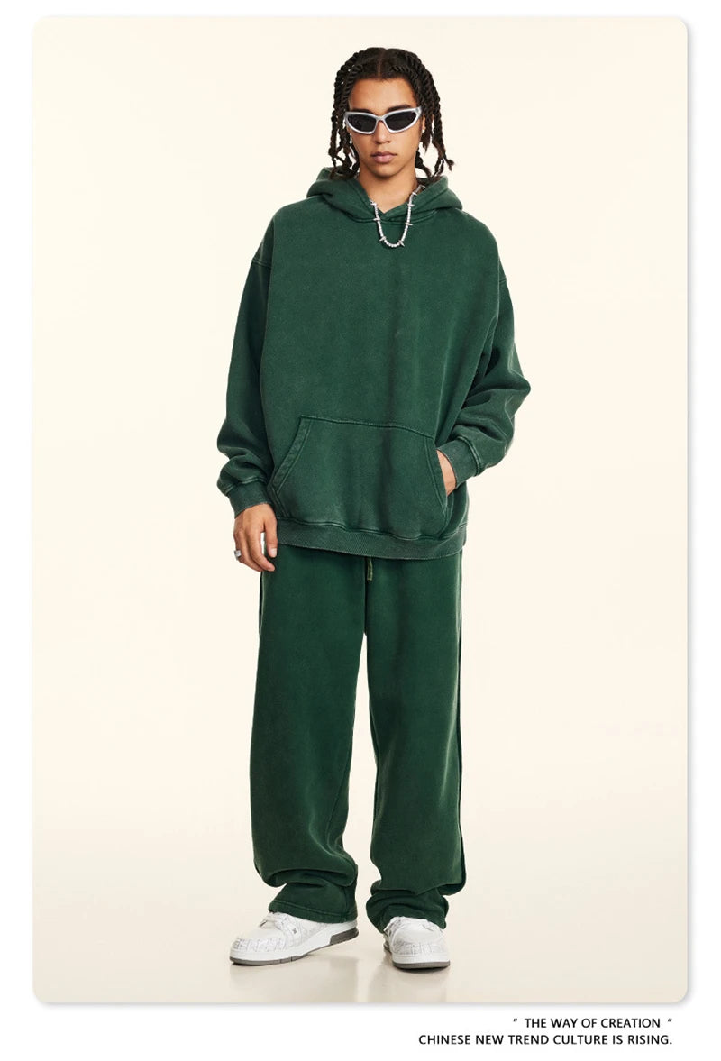 ZODF Retro Men’s Winter Washed Fleece Hoodie 360gsm Warm Knitted Loose Hooded Pullover Streetwear HY0887