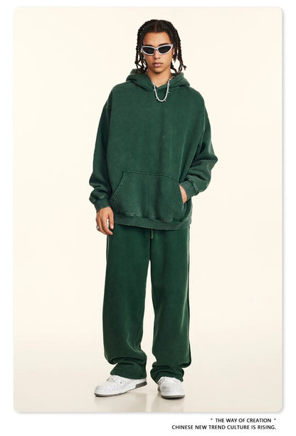 ZODF Retro Men’s Winter Washed Fleece Hoodie 360gsm Warm Knitted Loose Hooded Pullover Streetwear HY0887