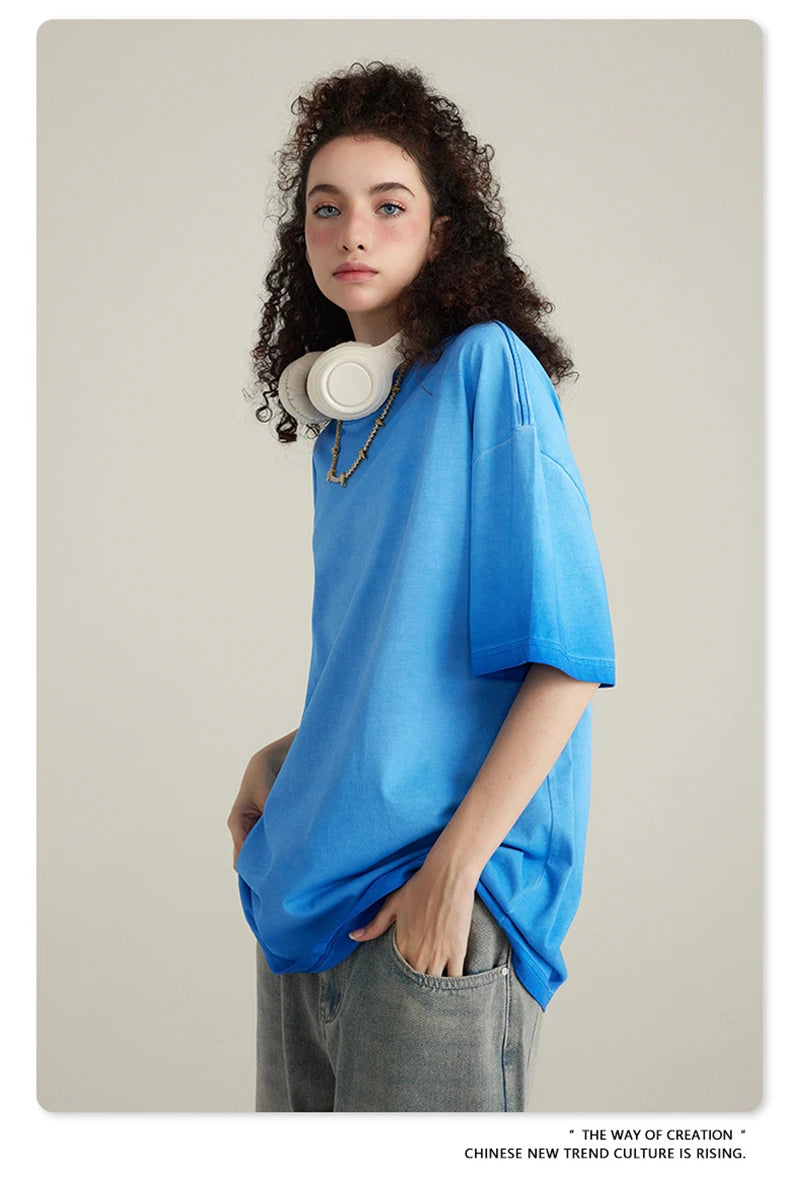 ZODF 2023 Men's Summer 255G Wash Gradient Fried Cotton T Shirt Round Neck Short Sleeve American Retro Loose T-Shirt HY0547