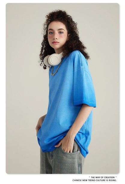 ZODF 2023 Men's Summer 255G Wash Gradient Fried Cotton T Shirt Round Neck Short Sleeve American Retro Loose T-Shirt HY0547