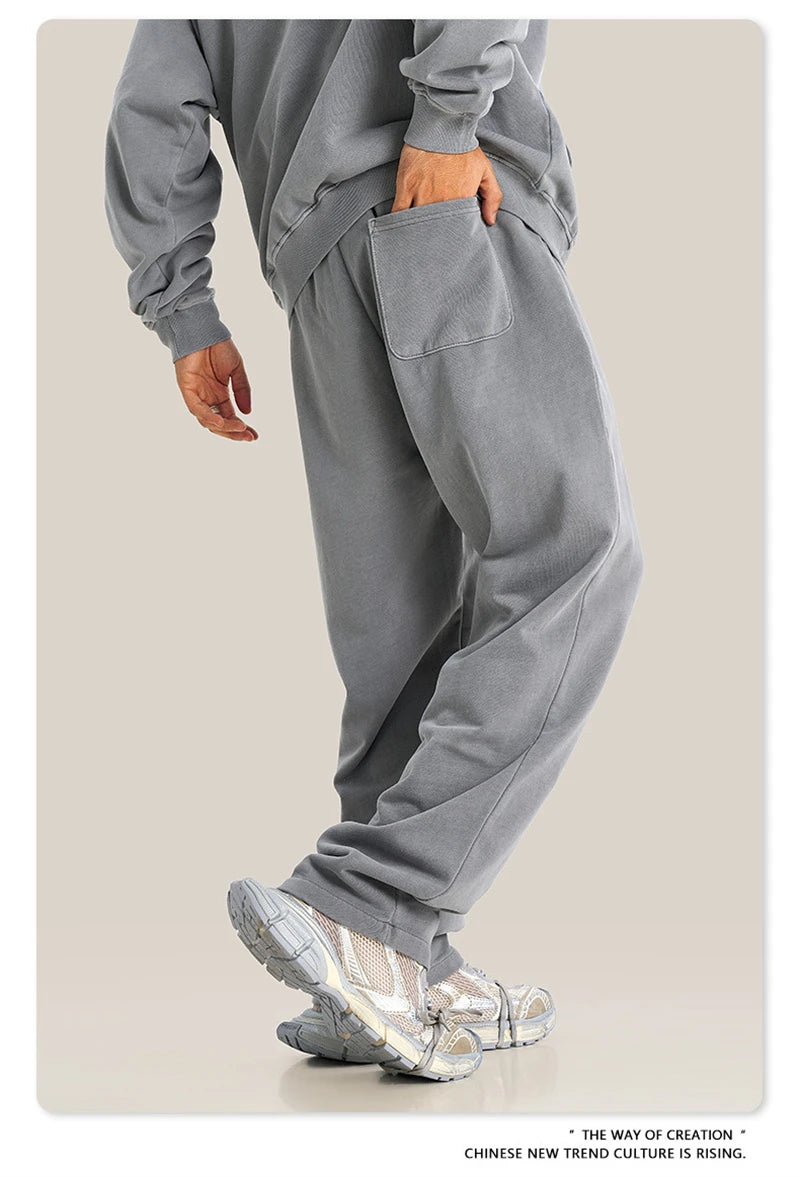 ZODF Retro Men Autumn Washed 380gsm Cotton Unisex High Street Oversized Solid Sport Straight Pants HY0885