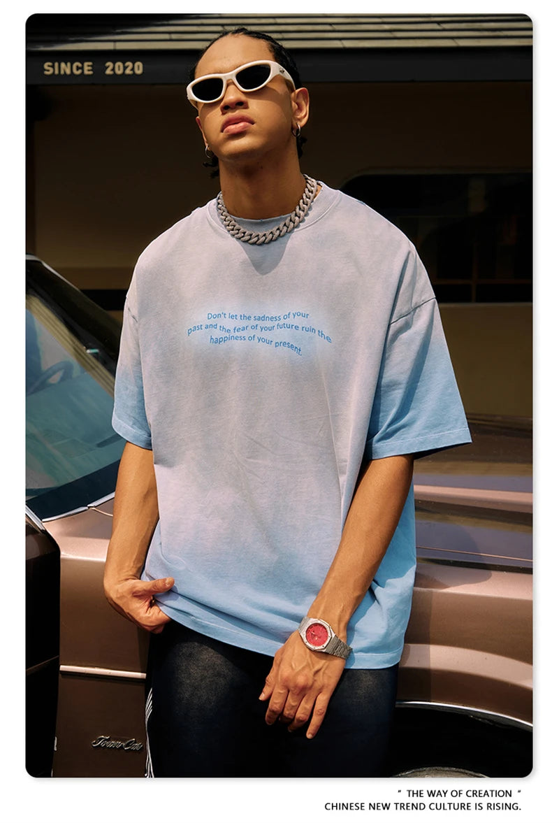 ZODF Summer High Street Printing T-Shirts For Men Unisex Retro Washed 250gsm Ripped Cotton T Shirt Brand Tops HY0858