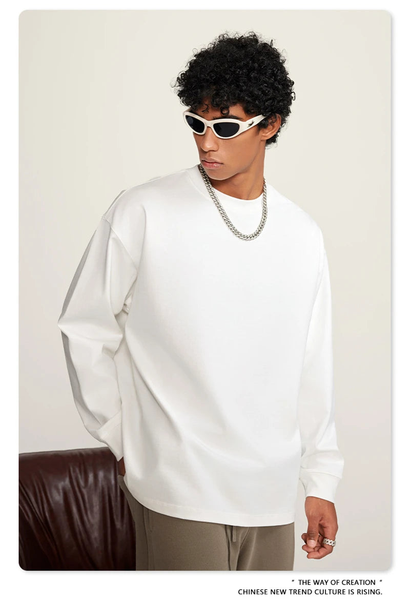 ZODF Autumn Winter 425gsm Long Sleeve T-Shirt American Retro Unisex Loose Heavyweight Basic Cotton T Shirts TEE HY0676