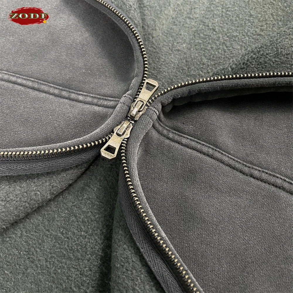 ZODF New 2025 Winter Man's Fleece Zipper Hoodies Unisex Retro 370gsm Loose Boxy Batik Washed Hooded Coats Sweatshirts HY1164