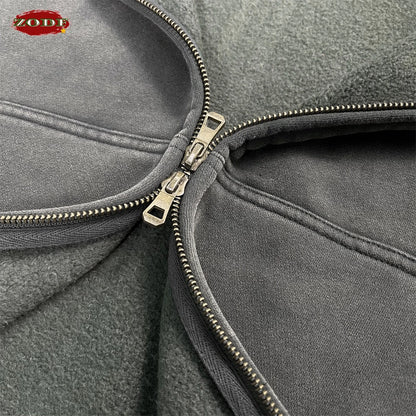 ZODF New 2025 Winter Man's Fleece Zipper Hoodies Unisex Retro 370gsm Loose Boxy Batik Washed Hooded Coats Sweatshirts HY1164