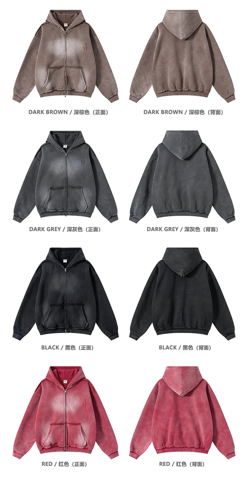 ZODF Retro Winter Men 400gsm Monkey Washed Zipper Hoodie Unisex High Street Loose Edge Ripped Distressed Hooded Pullovers HY1117