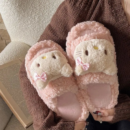 New Sanrio Sweet Hello Kitty Warm Cotton Slippers For Student Dormitory Comfortable One Word Hairy Adult Cotton Slippers