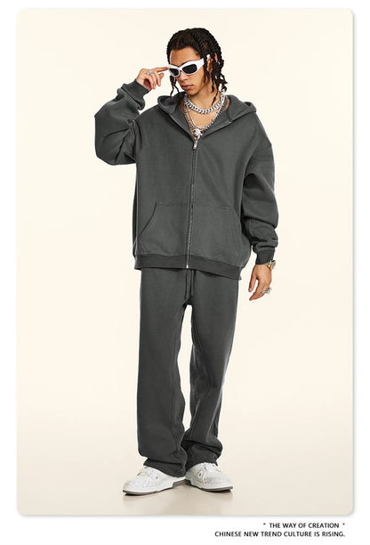 ZODF Fashion Winter Men Warm Zipper Fleece Hoodies Unisex Loose Basic 345gsm Knitted Hooded Hoodie Coats HY0904