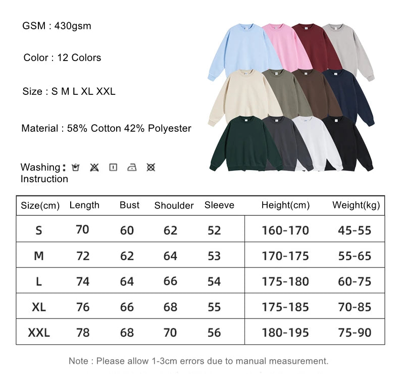 ZODF 2024 Autumn Winter Men's Basic O-Neck Sweatshirt Unisex Loose Solid 430gsm Terry Pullovers Streetwears HY0910