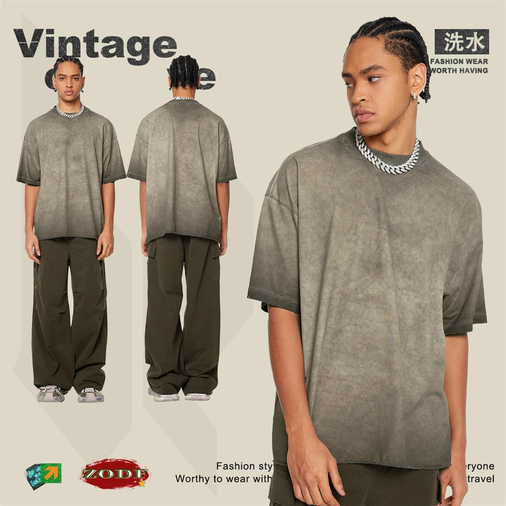 ZODF Fashion 2024 250gsm Washed Distressed T-Shirts For Men Unisex Women Retro Cotton Relax Fit T Shirt Brand Tees HY0838