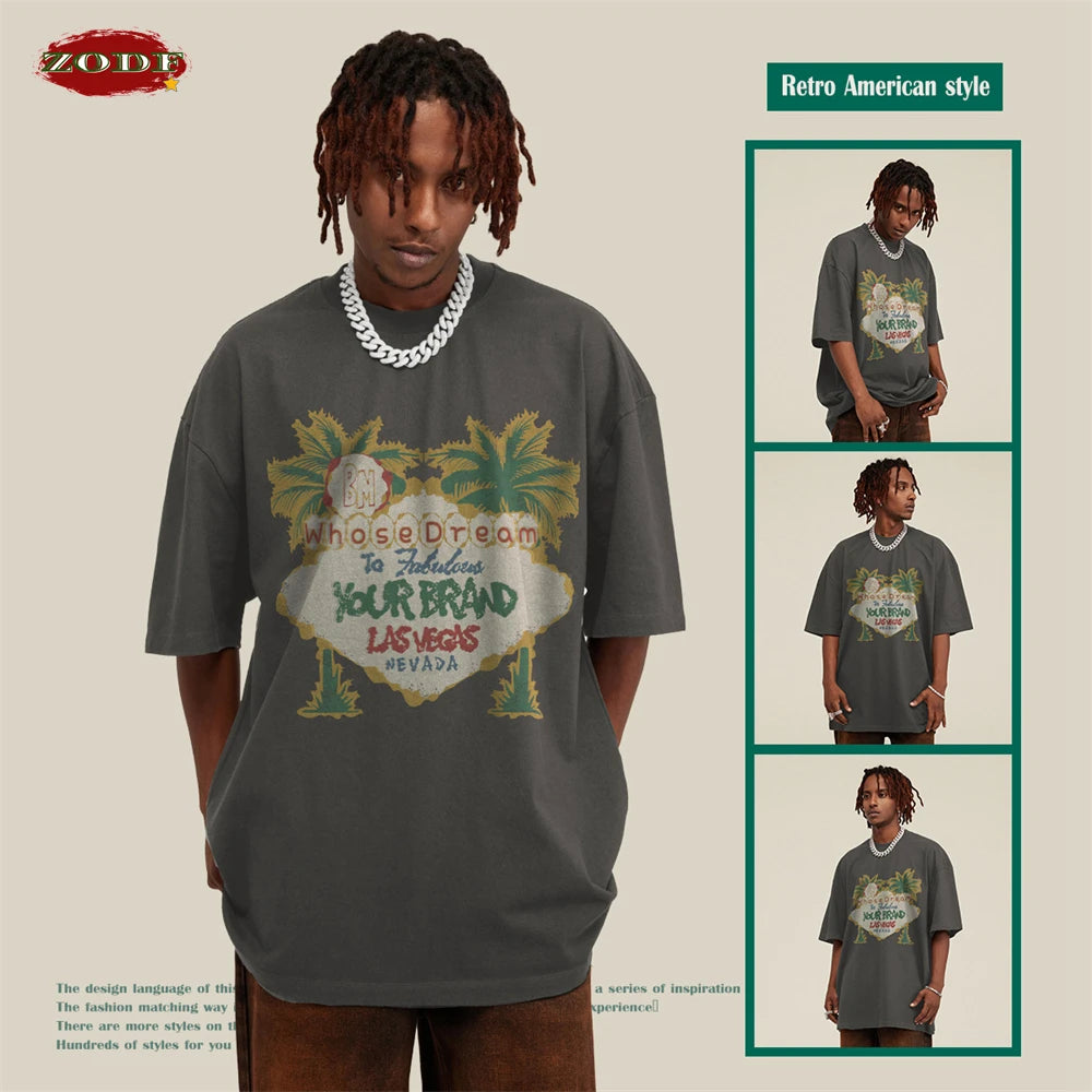 ZODF New Men High Street Washed T-Shirts Unisex Loose Tree Printing 285gsm Cotton O Neck T Shirt For Summer HY0512