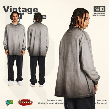 ZODF 2024 Autumn Men's Washed Cotton T-Shirt Unisex Oversized Distressed 250gsm Long Sleeve O Neck T Shirts Tees HY0921