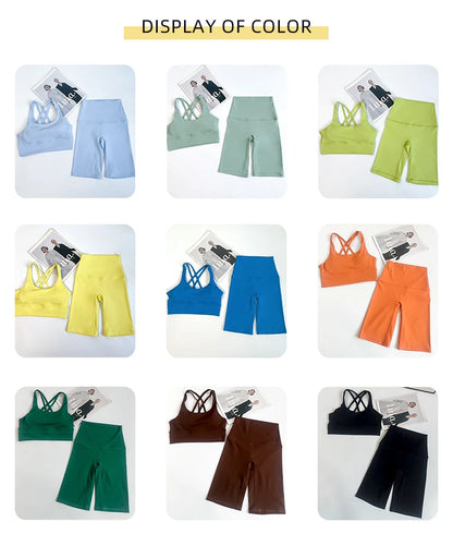 2 Pieces Yoga Shorts Gym Sports Sets Women Fitness Suits Cross Back Bra Top High Waist Shorts Running Workout Clothes Tracksuit