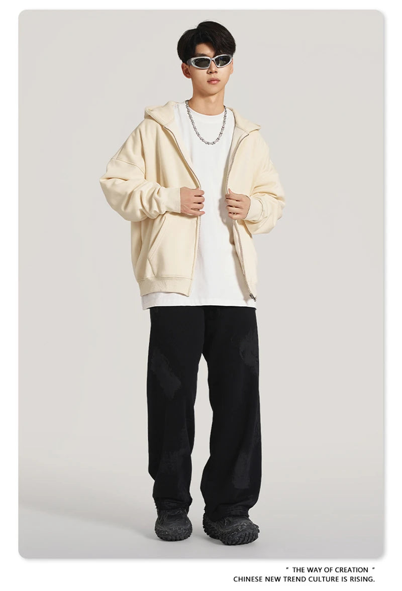 ZODF New Winter Men Zipper Fleece Hoodies Unisex Loose Heavy Weight Thick Warm Basic 420gsm Hooded Coats Hoodie HY0747