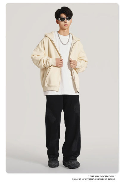 ZODF New Winter Men Zipper Fleece Hoodies Unisex Loose Heavy Weight Thick Warm Basic 420gsm Hooded Coats Hoodie HY0747