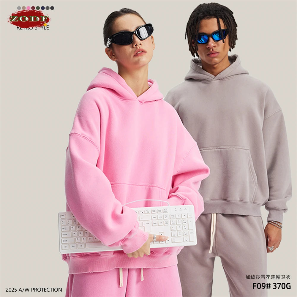 ZODF Retro 2025 Winter Man Washed Boxy Fleece Hoodies Unisex 370gsm Loose Hooded Pullovers Sweatshirt Streetwears HY1129