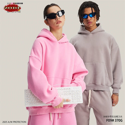 ZODF Retro 2025 Winter Man Washed Boxy Fleece Hoodies Unisex 370gsm Loose Hooded Pullovers Sweatshirt Streetwears HY1129