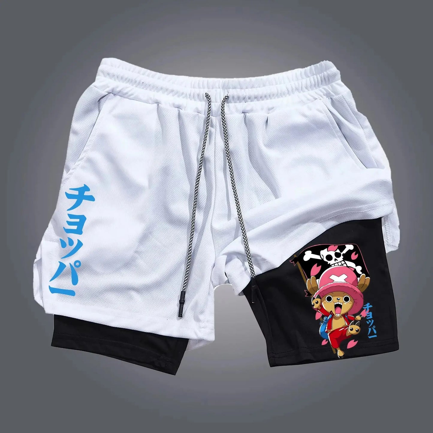 One Piece Chopper Anime Gym Shorts Men New Summer Japanese Cartoon Print Beach Pants Streetwear Double-layer 2-in-1 Sports Pants