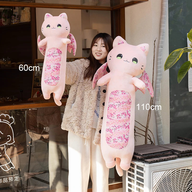 60cm Cat Shaped Hug Pillows Cherry Blossom Cat Plush Toys Bat Wing Kitten Sleeping Pillows Girl Birthday Gift