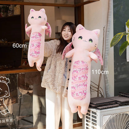 60cm Cat Shaped Hug Pillows Cherry Blossom Cat Plush Toys Bat Wing Kitten Sleeping Pillows Girl Birthday Gift