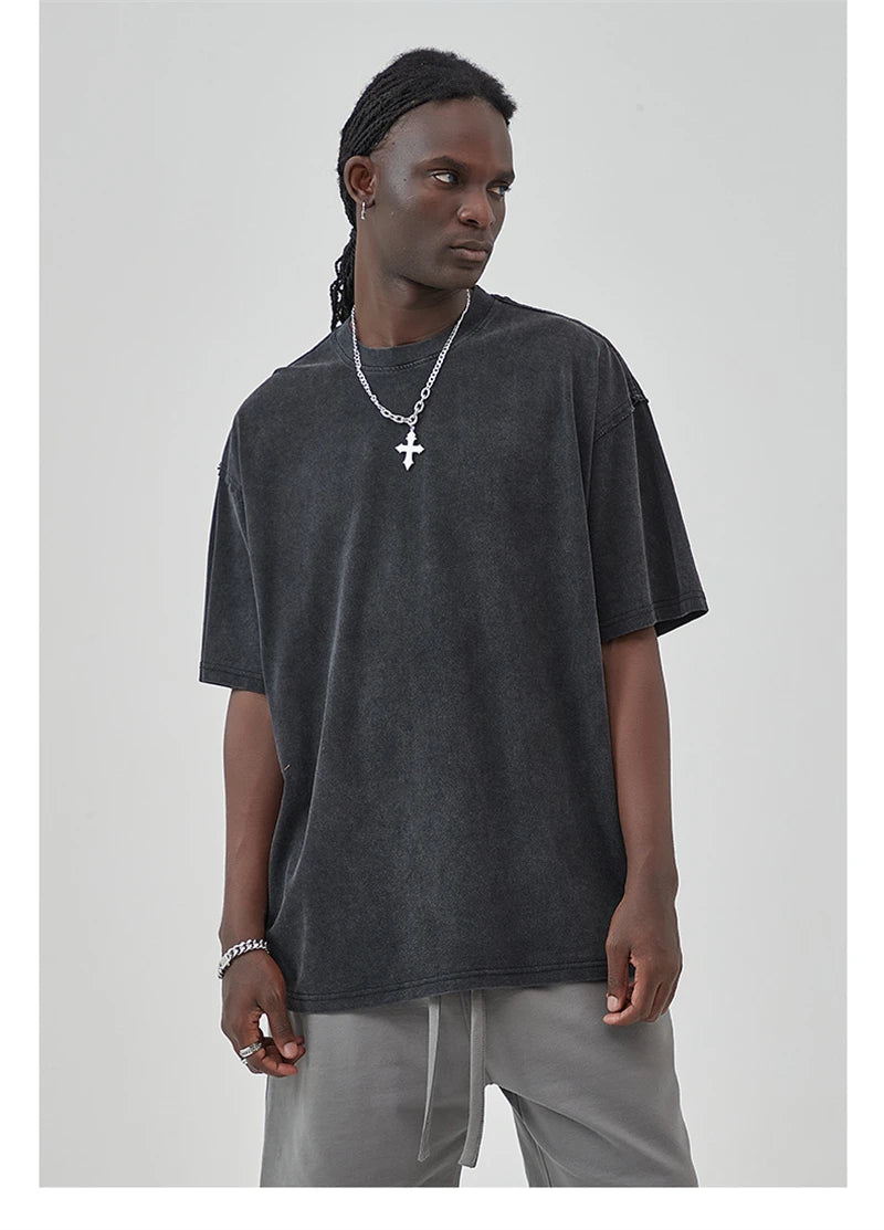 ZODF New Spring Summer Washed Cotton Solid T Shirts For Men Unisex High Street Loose Edge Oversized Noshrink T-Shirt Tee HY0465