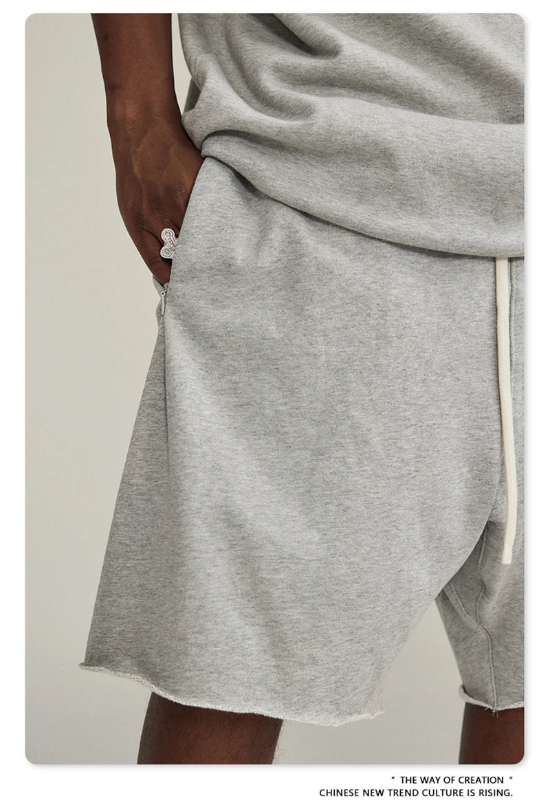 ZODF New Summer Men Retro Washed Shorts Unisex Drawstring Loose Edge 420gsm Solid Knee Length Cotton Pants Streetwears HY0589