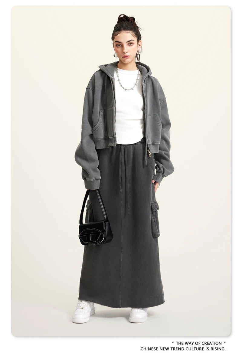 ZODF Retro 2025 Winter Women Short Zipper Hoodies Female Girls Loose 355gsm Thick Fleece Hooded Zip-up Coat Streetwears HY0448